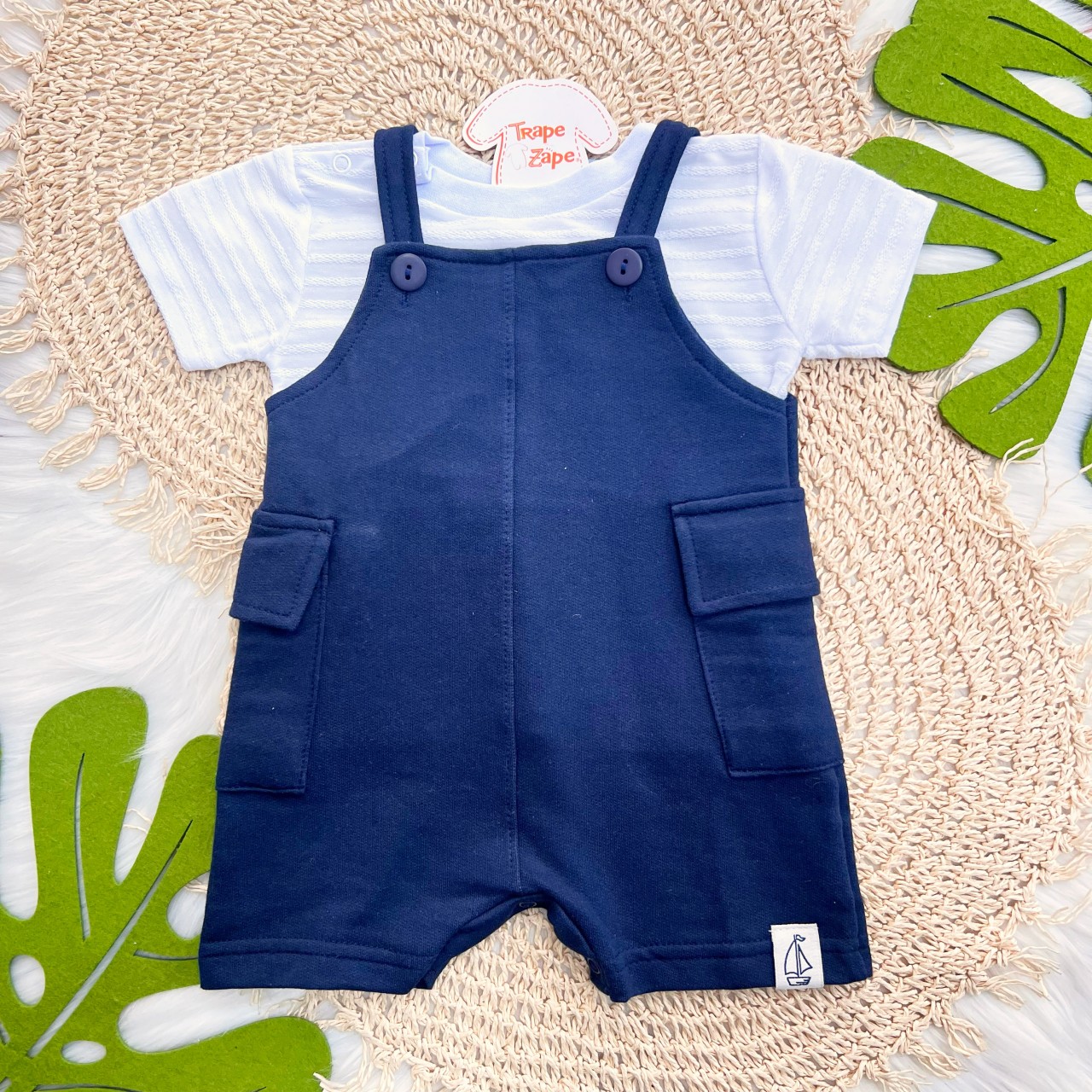  Conj. Camiseta com Listras e Jardineira em Moletinho - Marinho e Branco